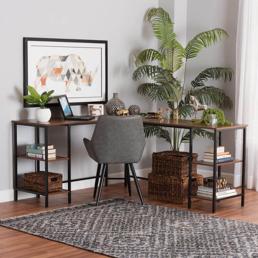 Lydia Modern Walnut Brown Wood L-Shaped Corner Desk with Metal Frame