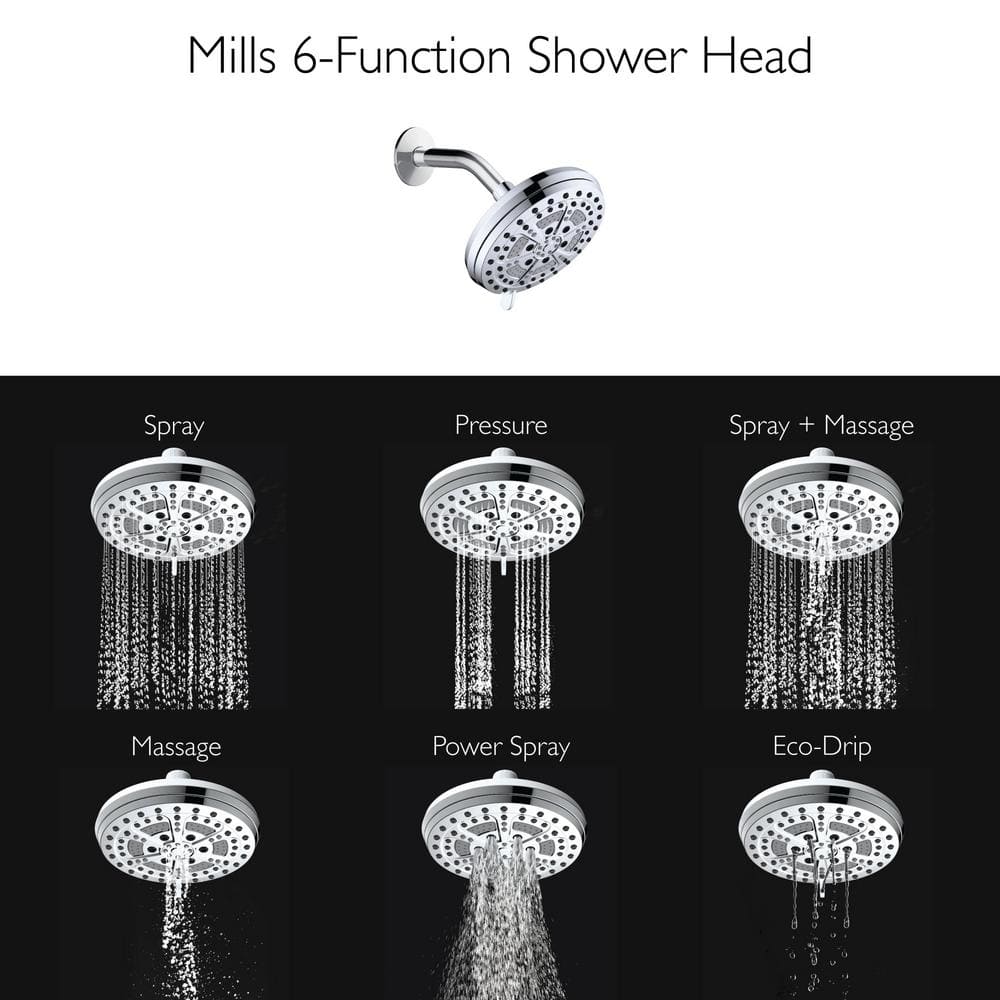 Mills Modern 7-inch Chrome 6-Function Wall Mounted Shower Head