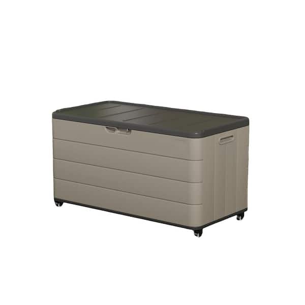 Brown Outdoor Patio Resin 120 Gal. Deck Box with Wheels for Garden Tools, Toys, Cushions