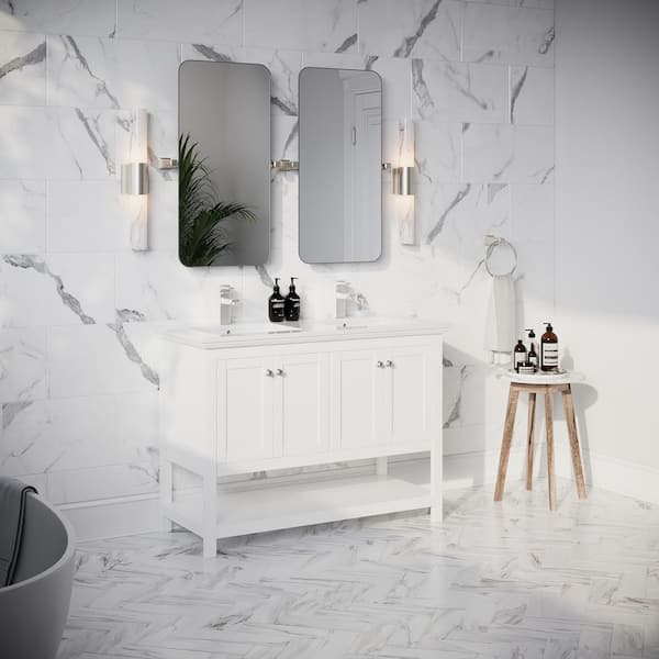 Manchester 48 in. Double Sink Shaker-Style White Bath Vanity with White Quartz Top and Integrated Sink
