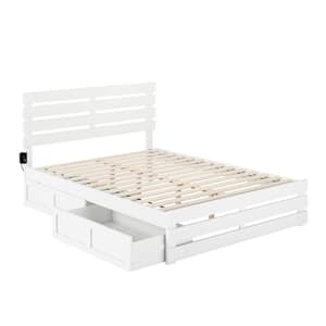 Oxford White Queen Solid Wood Storage Platform Bed with Footboard and USB Turbo Charger with 2 Extra Long Drawers