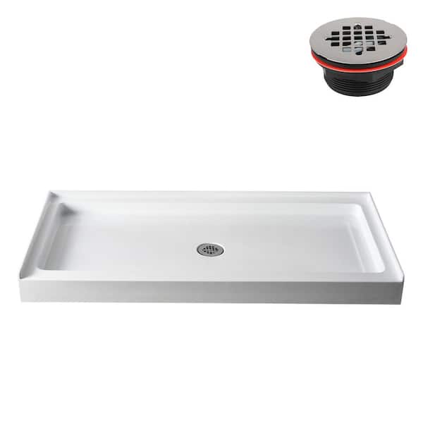 Streamline 60 in. L x 30 in. W Alcove Acrylic Shower Pan Base in Glossy White with Center Drain, Drain Included