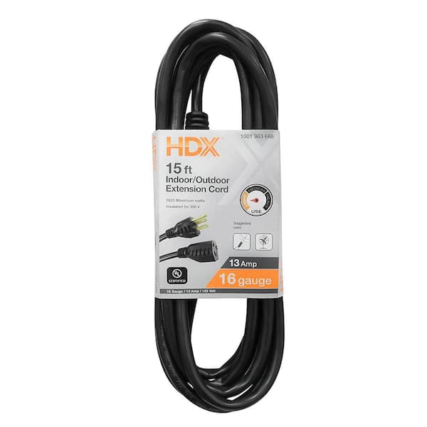 HDX 15 ft. 16/3 Light Duty Indoor/Outdoor Extension Cord, Black