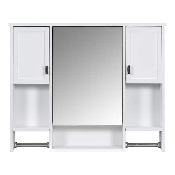 WELLFOR 35 in. W x 28.7 in. H Rectangular MDF Medicine Cabinet with Mirror in White with Towels Bar