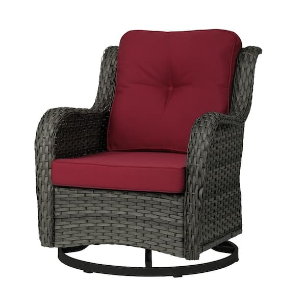 Uixe Wicker Rattan Gray Patio Outdoor Rocking Chair Swivel with Red Cushions (Set of 1)