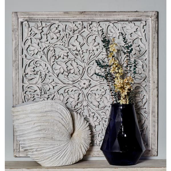 Litton Lane 36 in. x  36 in. Mango Wood Black Handmade Intricately Carved Arabesque Floral Wall Decor