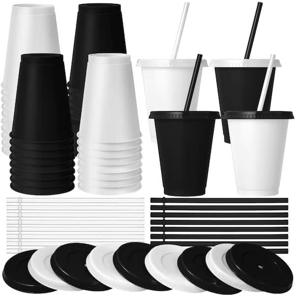 16 oz Plastic Cups with Lids and Straws, 16-Pack Reusable Tumblers, White and Black Party Supplies Coffee