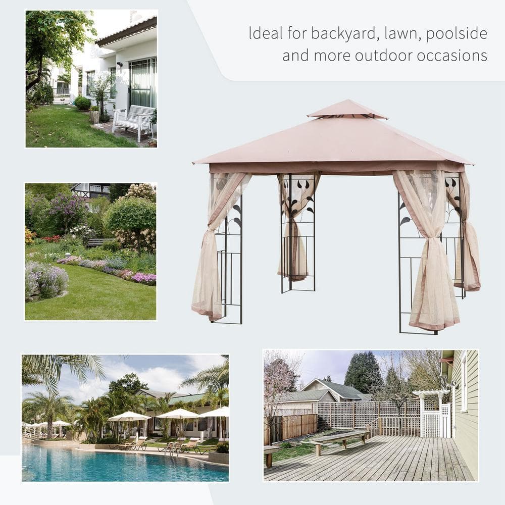 Outsunny 10' x 10' Brown Steel Frame Gazebo with Netting and Curtains