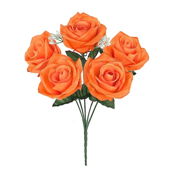 14 in. Orange Artificial Open Rose Flower Stem Bush Bouquet (Set of 12)