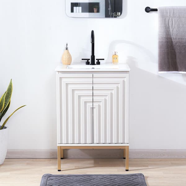Rowan 24 in. W x 18 in. D x 33 in. H Geometric Modern Transitional 2-Shelf Bath Vanity Cabinet without Top in White/Gold
