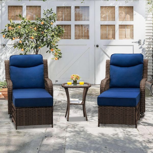 5-Piece Wicker Patio Conversation Set with 5 in. Thick Blue Cushions and Ottomans, High Back Outdoor Swivel Rocker