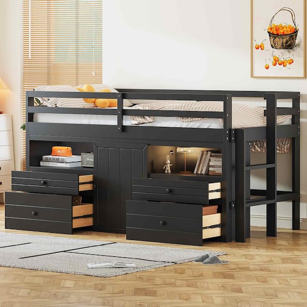 Polibi Twin Size Loft Bed with 4 Drawers, Underneath Cabinet and Shelves, Espresso