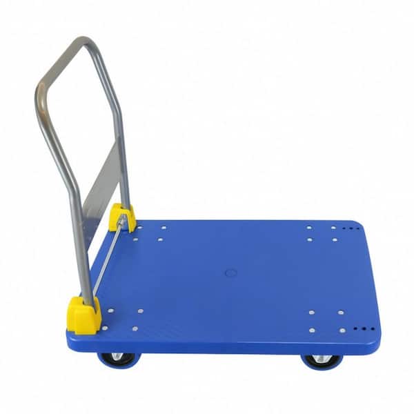 880 lbs. Blue Heavy-Duty Steel Platform Truck Dolly Flatbed Hand Cart with Folding Handle, Brake Wheels, Swivel Casters