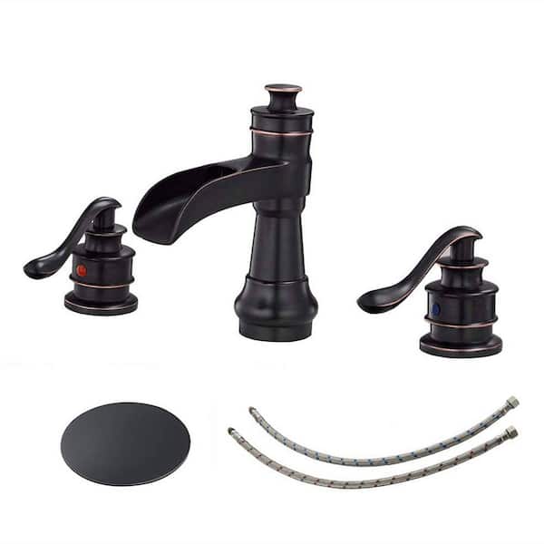 FLG 8 in. Widespread Double Handle Bathroom Faucet Brass Waterfall Sink Basin Faucets with Drain Kit in Oil Rubbed Bronze