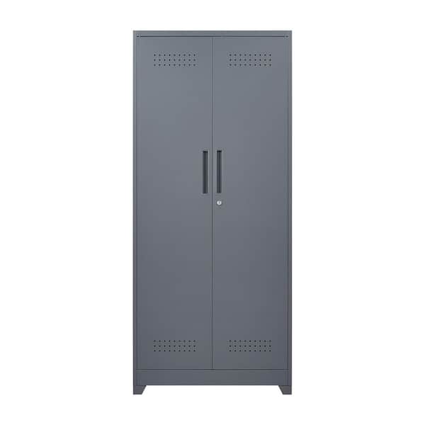 5-Tier 72.8 in. H Metal Heavy Duty Adjustable Shelves Storage Cabinet Locker in Gray with Hanging Rod and Key