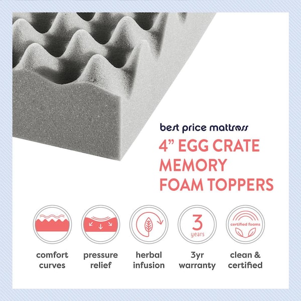 Mellow 4 in. Twin XL Egg Crate Memory Foam Mattress Topper with Bamboo Charcoal Infusion, Light Grey