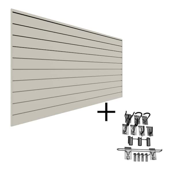 Proslat 96 in. H x 48 in. W PVC Slatwall Panel Set Sandstone Sports Bundle (1-Panel Pack 13-Accessory Pack)