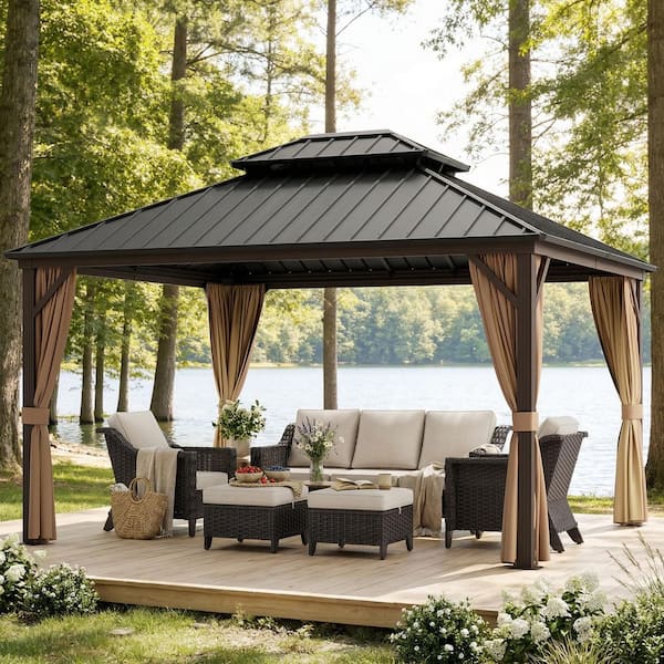 12 ft. x 14 ft. Aluminum Outdoor Gazebo with Double Galvanized Steel Roof, Mosquito Netting and Curtains