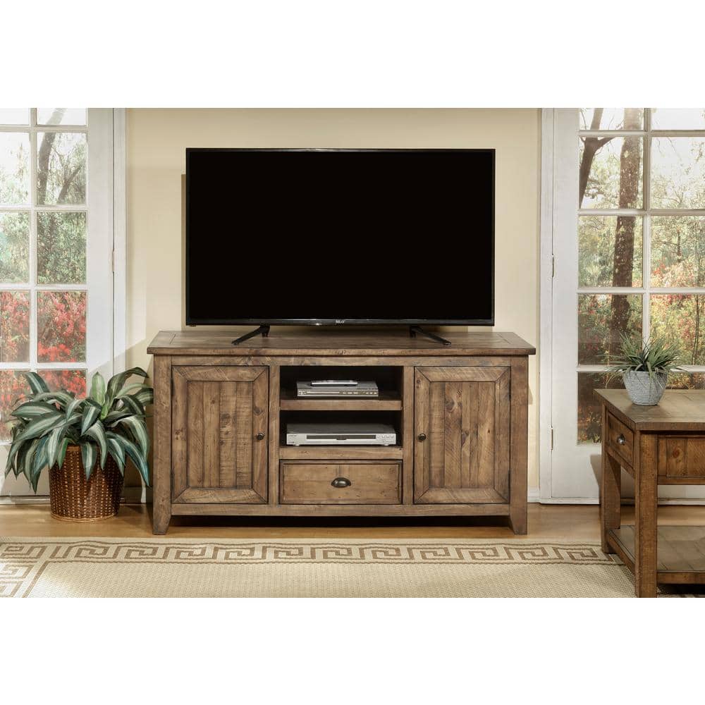 Coastal Charm White Solid Pine 60" TV Stand with Cabinets