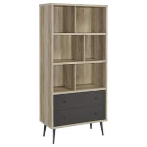Maeve 70 in. Tall Antique Pine and Gray Engineered Wood 3-Shelf Modern Standard Bookcase with-Drawers
