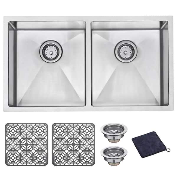 JASSFERRY Handcrafted 18-Gauge Stainless Steel 32 in. Double Bowl Tight Radius Undermount Kitchen Sink