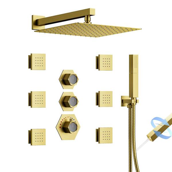 Cranach 2-Spray 5 in. LED 3-Color Dual Shower Head Wall Mount Handheld Shower Head 2.5 GPM in Brushed Gold(Valve Included)