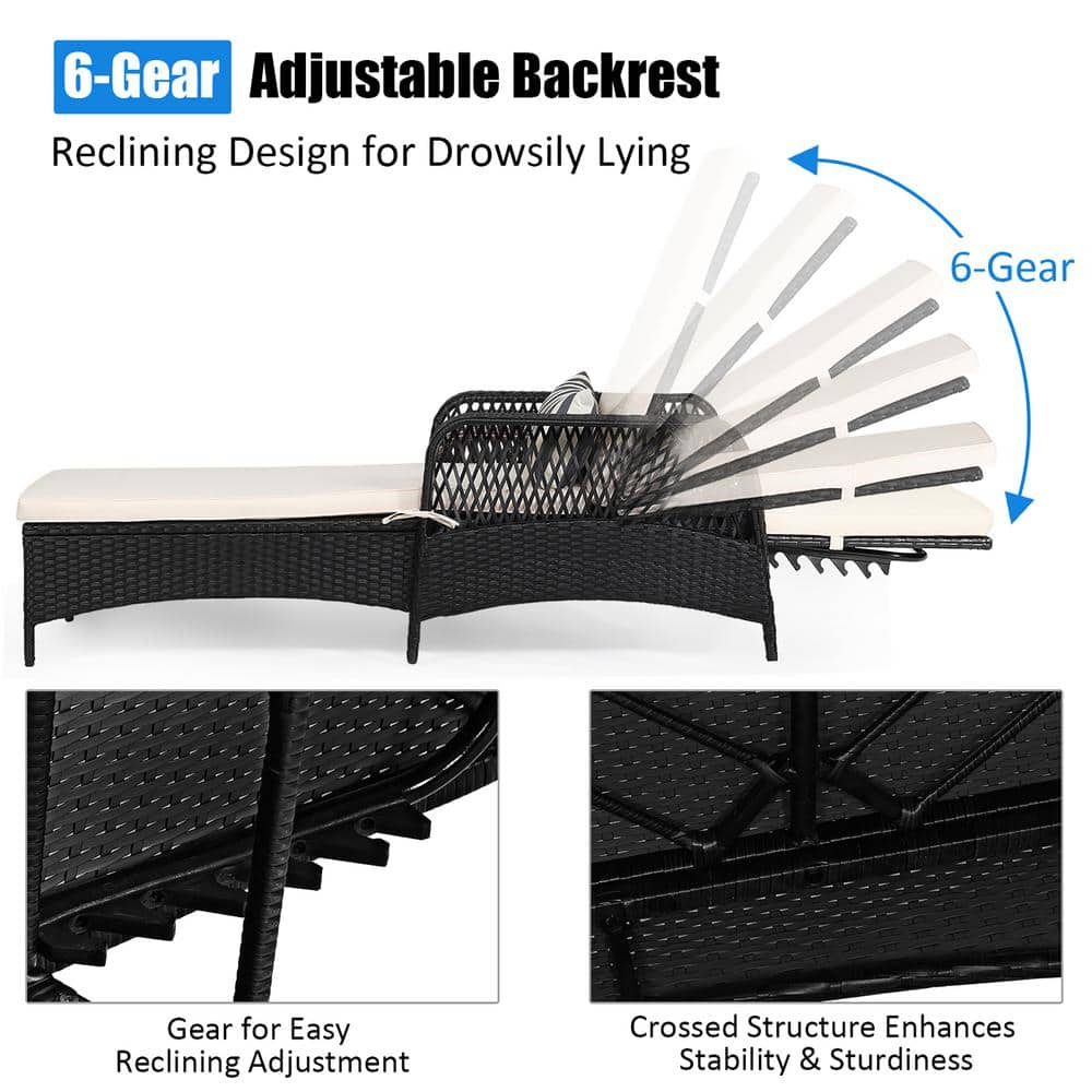 Black Steel Frame Adjustable Chaise Lounge with Off-White Cushions