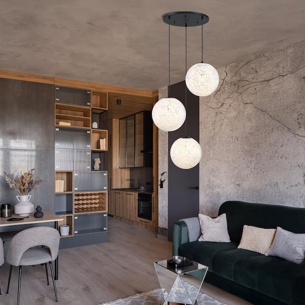 Circo 3-Light Matte Black Modern Globe Chandelier for Entryways with 14 in. White Art Glass Shades