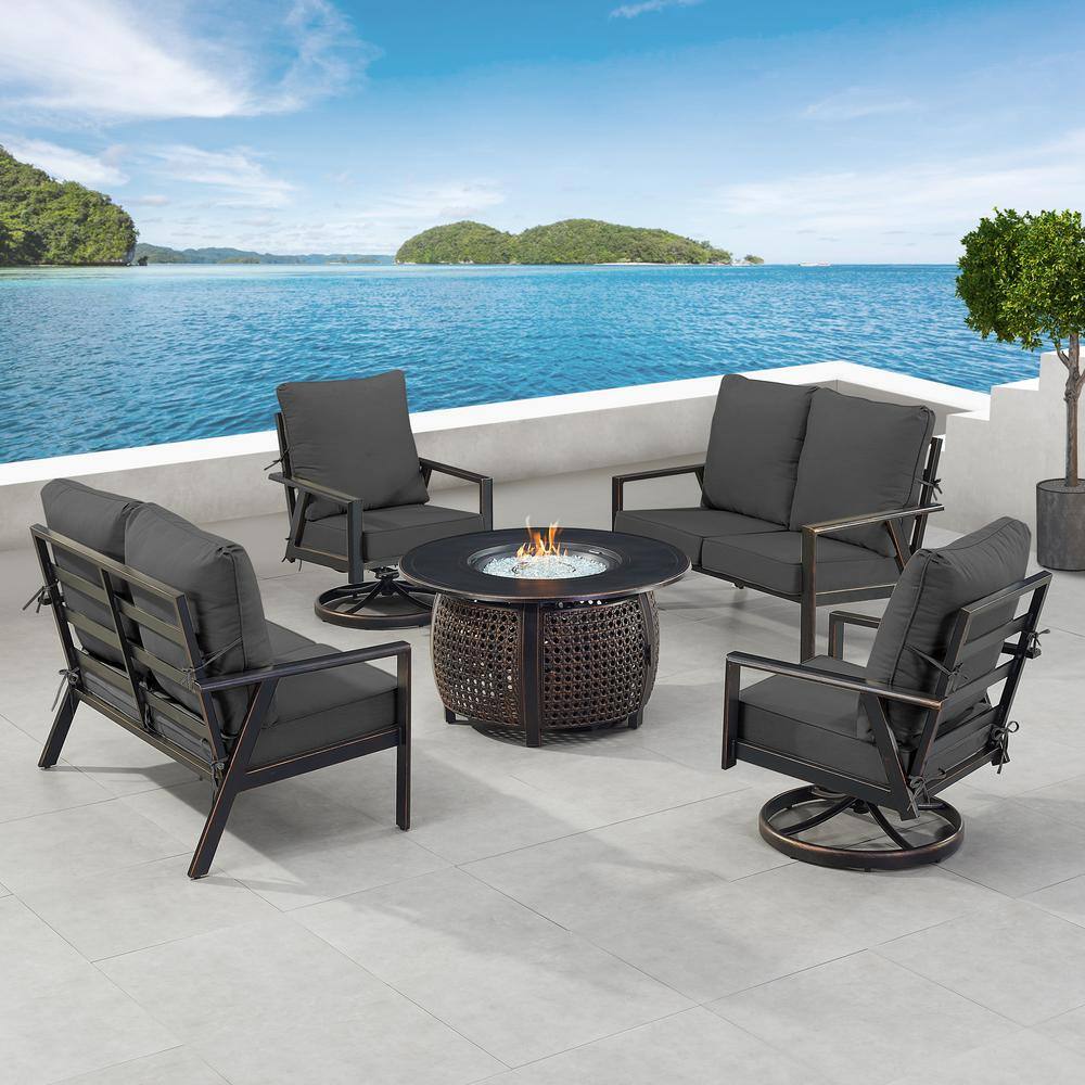 Black 7-Piece Aluminum Patio Fire Pit with 2-Deep Seating Loveseat and 2-Club Chairs Black Cushions price history on PriceWatchPro