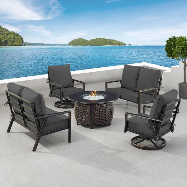 Oakland Living Black 7-Piece Aluminum Patio Fire Pit with 2-Deep Seating Loveseat and 2-Club Chairs Black Cushions