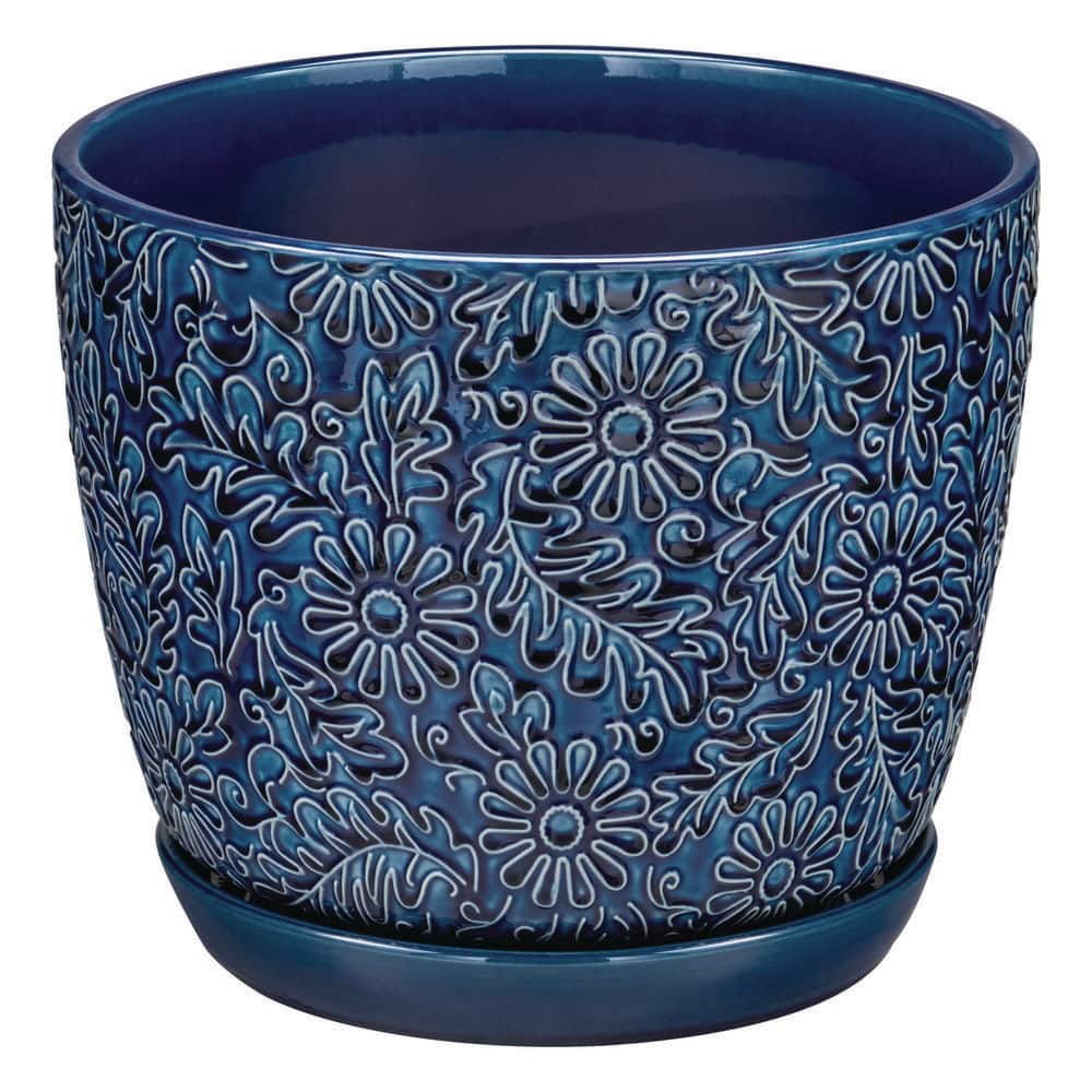 Vigoro 12 in. Lillian Blue Floral Decor Glazed Ceramic Planter (12