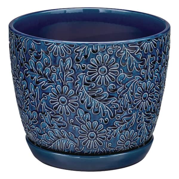 12 in. Lillian Blue Floral Decor Glazed Ceramic Planter (12 in. D x 10.2 in. H) with Drainage Hole and Attached Saucer