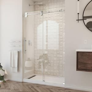 Enigma-XO 44-48 in. W x 76 in. H Fully Frameless Sliding Shower Door in Polished Stainless Steel