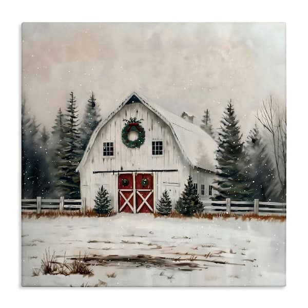 White Christmas Barn with Wreat by Creative Studio 1-Piece Unframed Graphic Nature Art Print 24 in. x 24 in.