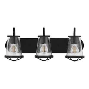 24 in. Georgina 3-Light Matte Black Industrial Wall Mount Sconce Light with Clear Seedy Glass Shades