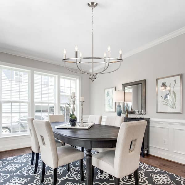 6-Light Nickel/Sliver Traditional Circle Hanging Candlestick Linear Chandelier Lighting for Dining Room Kitchen Island