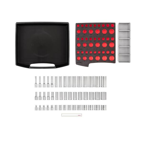 3/8 Inch Drive Shallow, Semi-Deep, and Deep 6-Point Socket Set with Open Top Drawer and Rack, 45-Piece (1/4-1 in. )