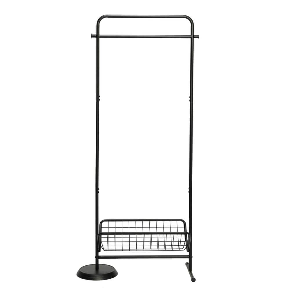 Black Steel Swivel Clothing Rack with Basket Shelf