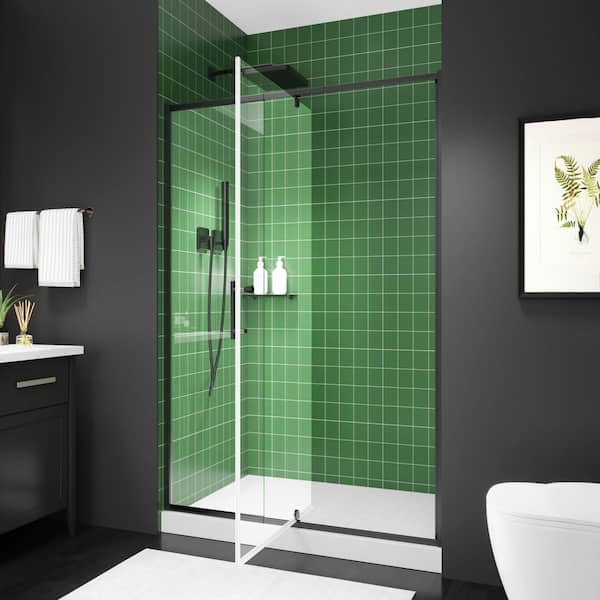 Wynnt 50 - 54 in. W x 71 in. H Semi-Frameless Pivot Shower Door in Black with 1/4 in. (6 mm) Tempered Glass and Nano Coated