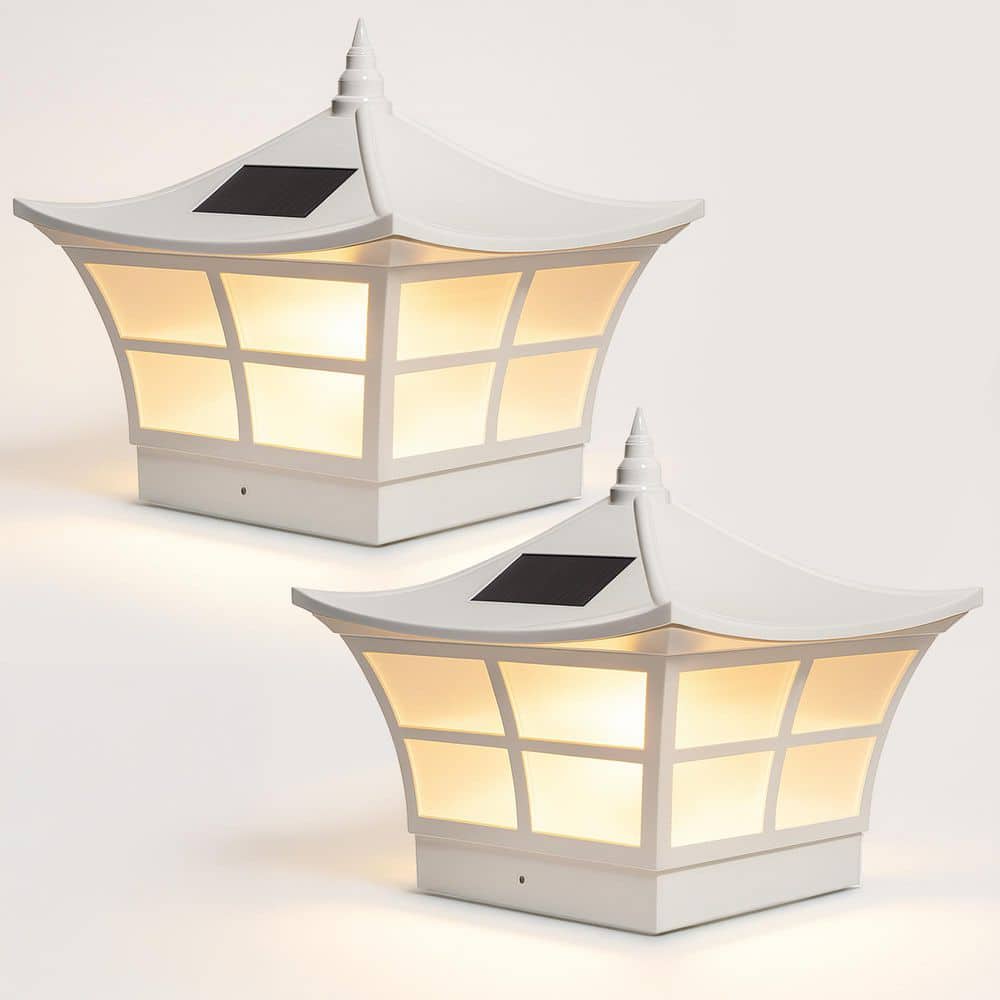 CLASSY CAPS Ambience 5 in. x 5 in. Outdoor White Vinyl LED Solar Post Cap (2-Pack)