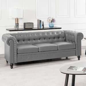 Chesterfield Sofa 89 in. Round Arm 3-Seater Removable Cushions Sofa in Gray