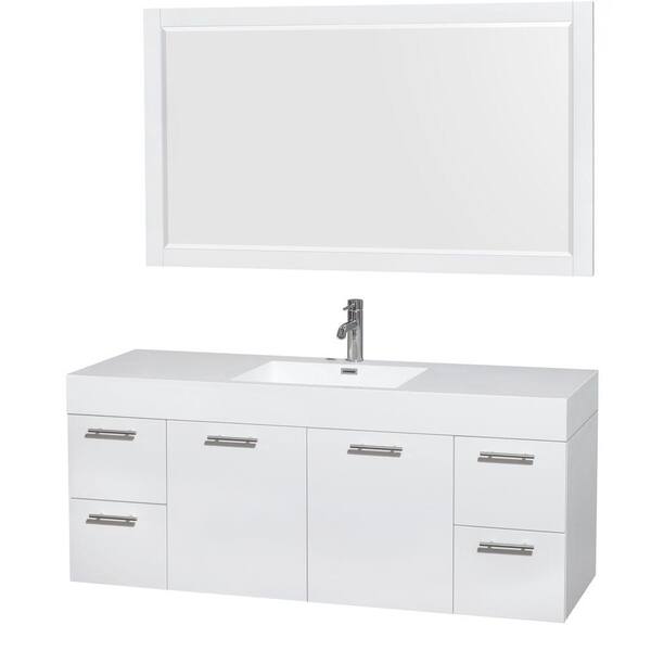 Wyndham Collection Amare 60 in. Vanity in Glossy White with Acrylic-Resin Vanity Top in White, Integrated Sink and 58 in. Mirror