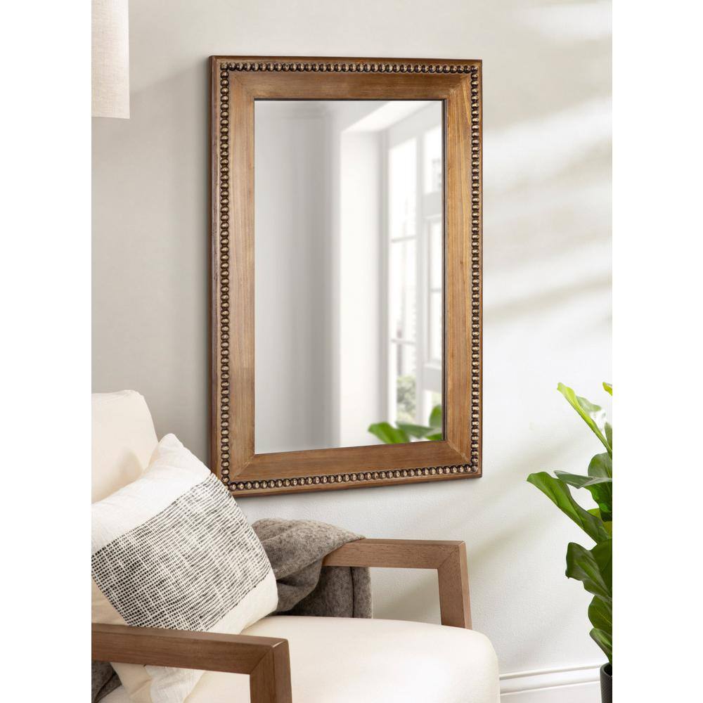 Rustic Brown Rectangular Wood Vanity Mirror with Beaded Edge