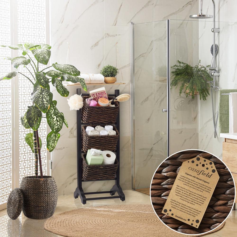Acacia Wood 3-Tier Black and Espresso Storage Rack with Hyacinth Baskets