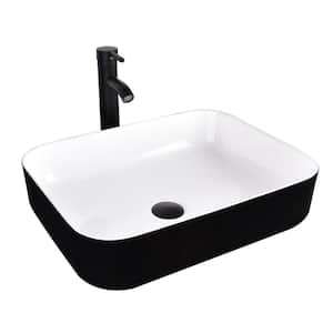 Black and White Ceramic Rectangular Vessel Sink in Black Faucet