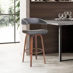 Topanga Swivel 26 in. Grey/Walnut and Golden Bronze Wood Counter Stool with Grey Faux Leather Seat
