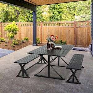 3-Piece Outdoor Patio Dining Set, 2 Long Garden Benches and Rectangle Dining Table with Umbrella Hole