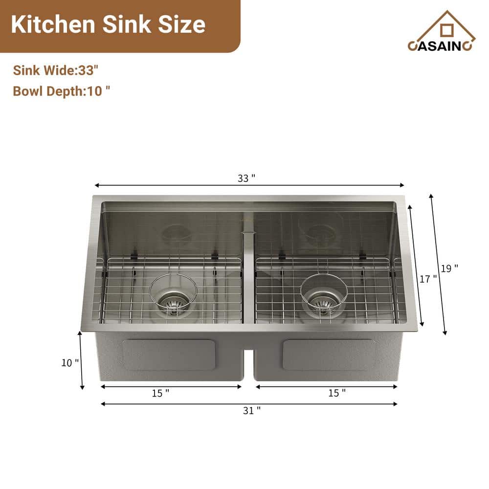 33'' Stainless Steel Undermount Double Bowl Kitchen Sink with Faucet