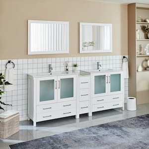 Brescia 84 in. W x 18 in. D x 36 in. H Bathroom Vanity in White with Double Basin Top in White Ceramic and Mirrors