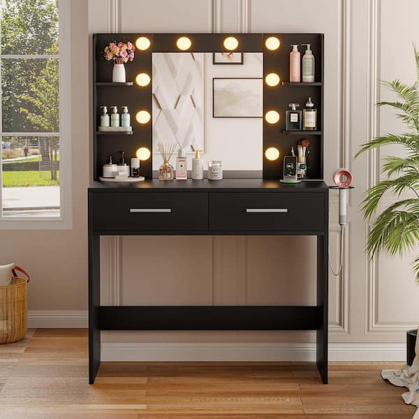 Makeup Vanity Set with Mirror and Power Outlet, Dressing Table with 2-Drawers, 4-Storage Shelves, Black without Bench